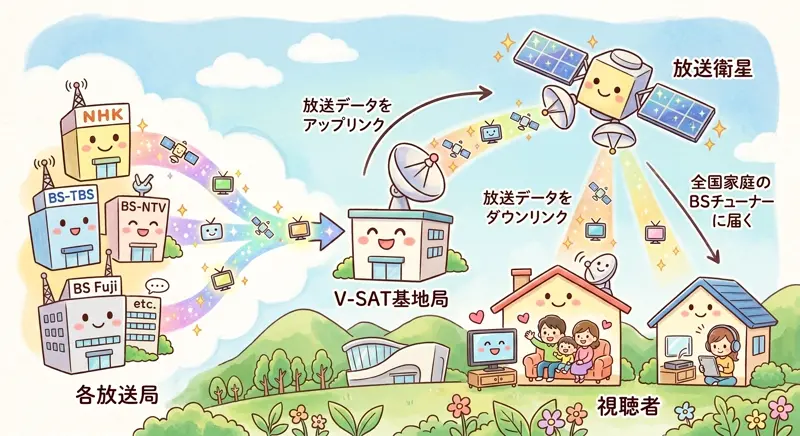 放送局からV-SAT基地局を経由し、放送衛星から各家庭へ一方向でデータが降ってくる図解