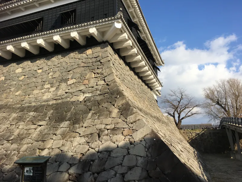 崩落した石垣と建物の被害