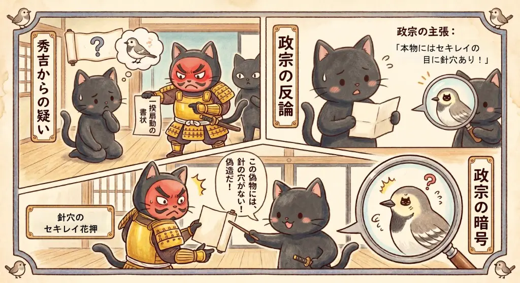 伊達政宗の鶺鴒の花押と秀吉からの疑いを説明するもふねこ漫画