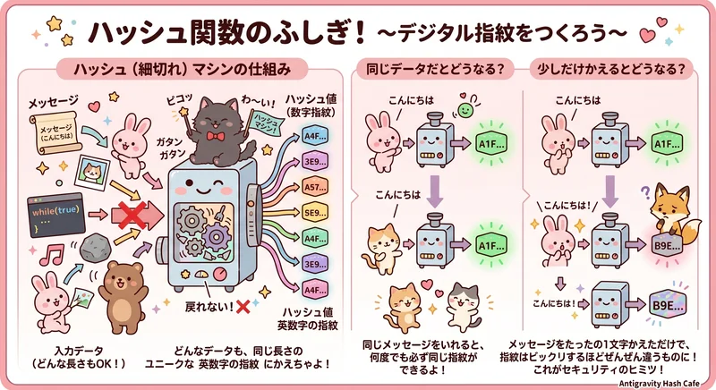 ハッシュ関数の仕組みとアバランチ効果の図解
