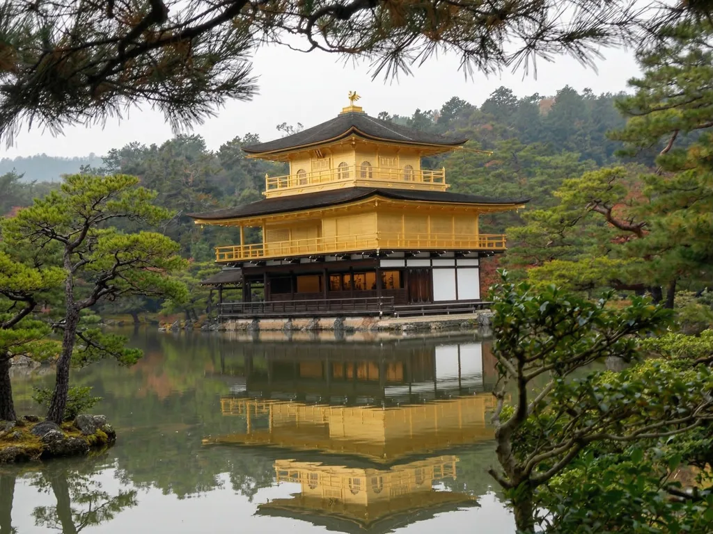 池に映り込む金閣寺
