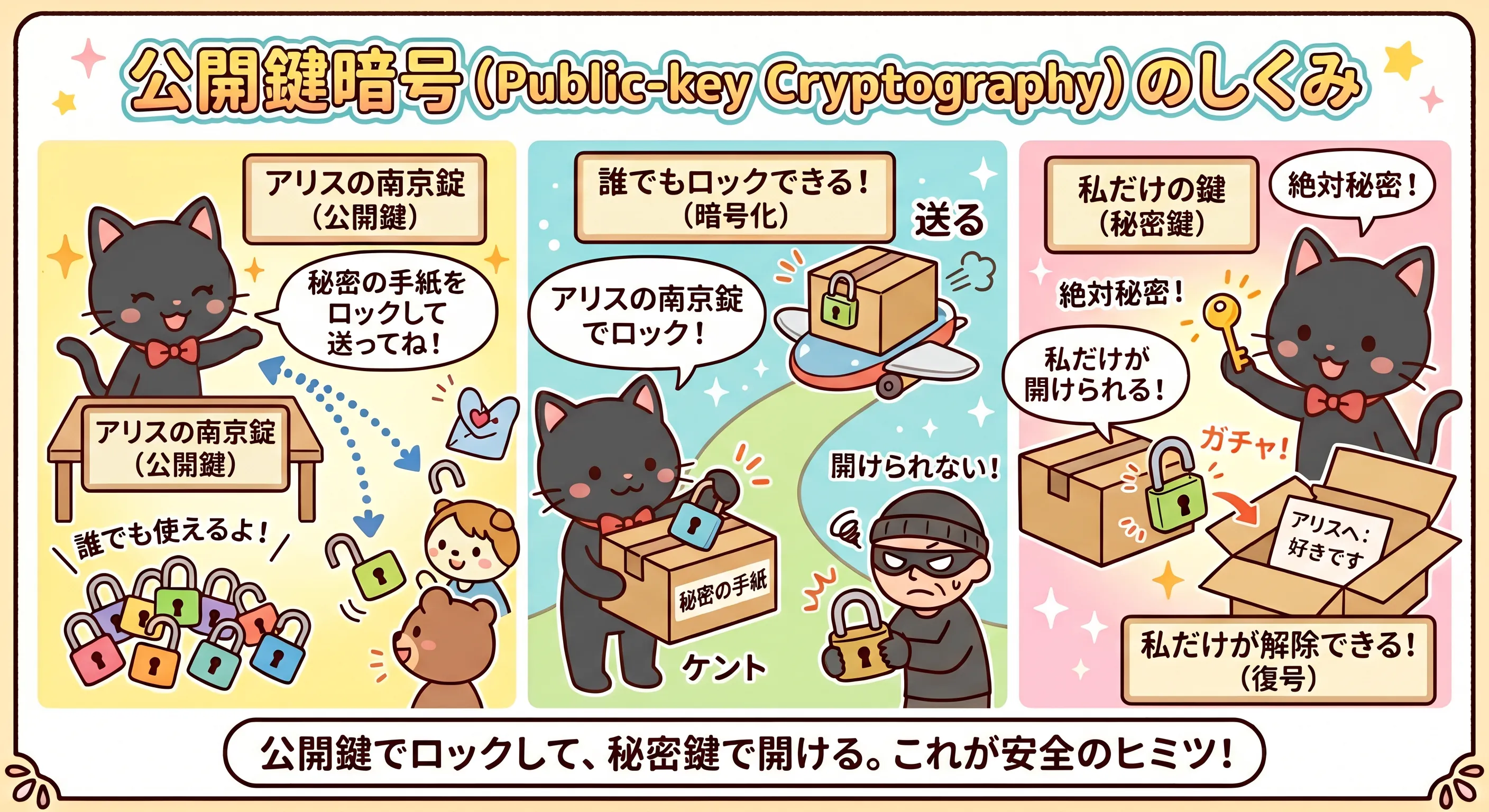 公開鍵暗号のしくみ図解：もふねこが南京錠（公開鍵）を配り、秘密鍵で箱を開ける流れ
