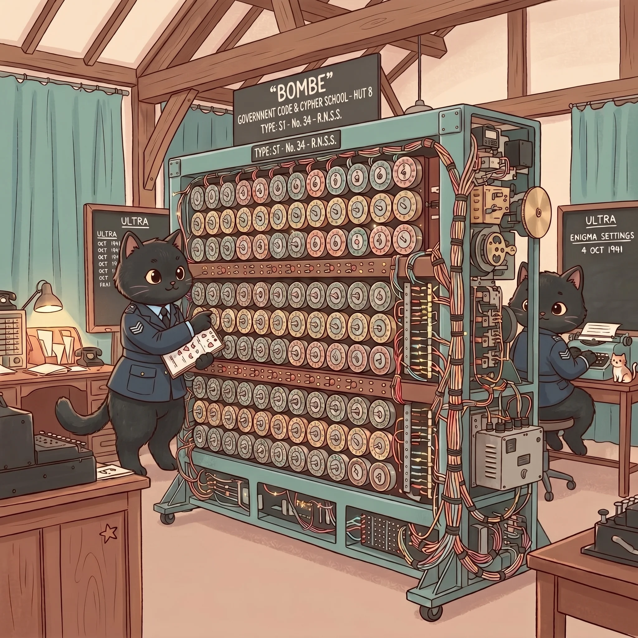 チューリングのボンベ解読機（もふねこイラスト）